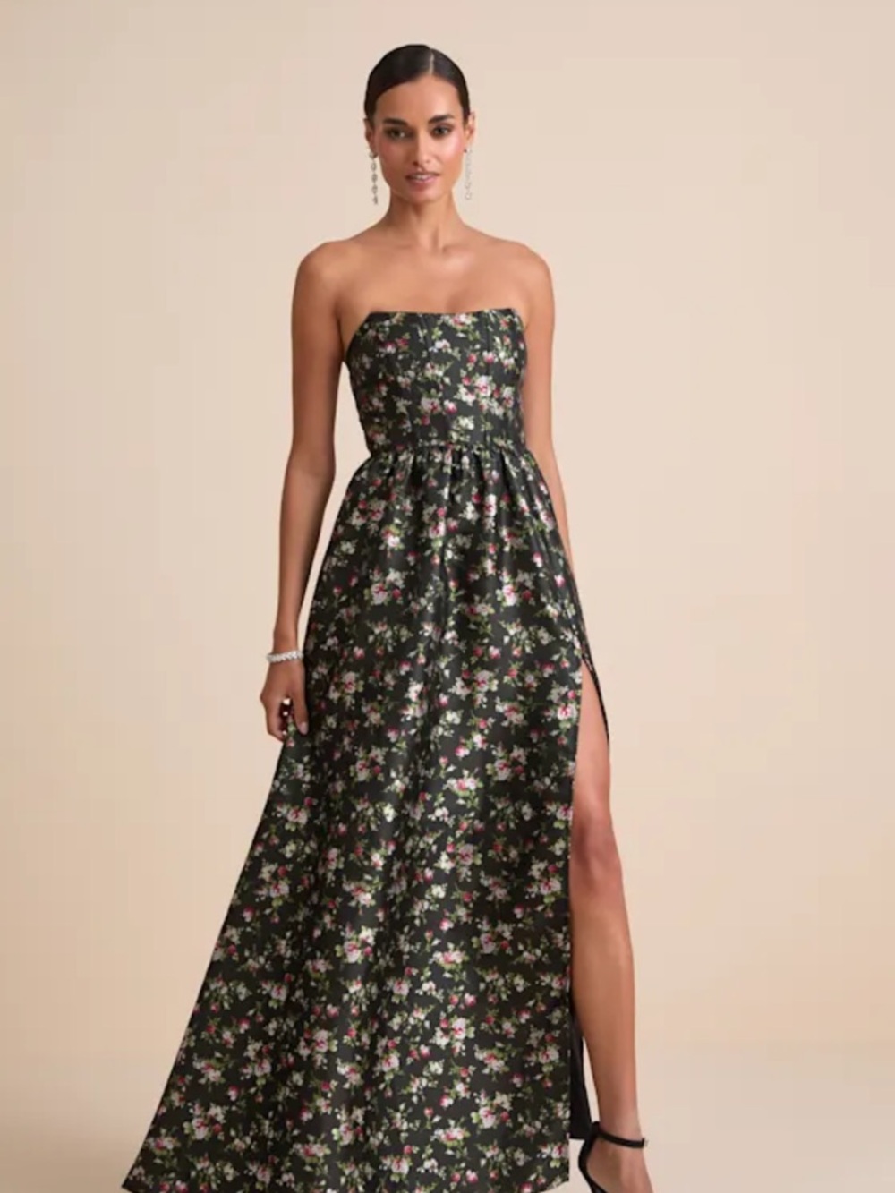 Rainie Black Floral Jacquard Strapless Lace-Up Maxi Dress